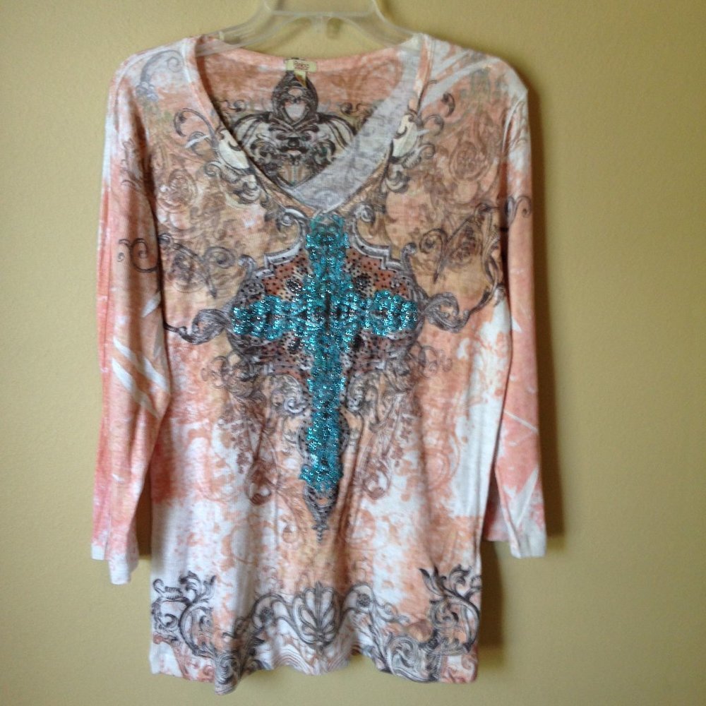 Reba Peach and Turquoise Long Sleeve Top with Rhinestone Cross